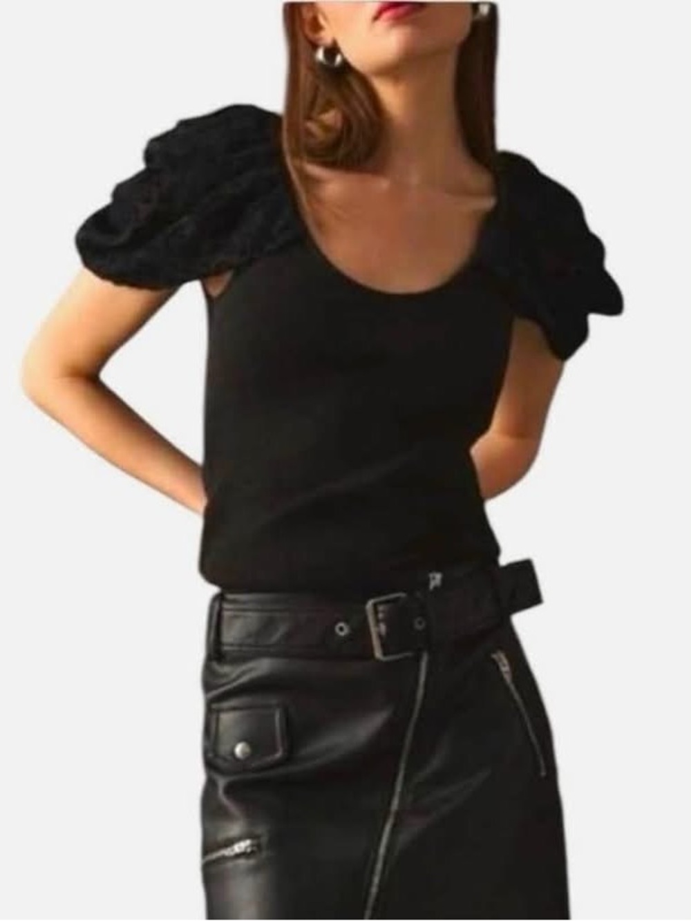 Maeve Anthropologie Black Fuzzy Floral Short Draped-Sleeve Pullover Top size XS
